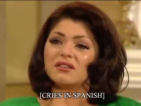 Soraya Montenegro crying in a telenovela still captioned CRIES IN SPANISH